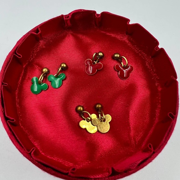 Vintage Disney Co Mickey Mouse 3 Set Red Green Gold Dangle Stud Earrings W Box - Picture 1 of 7